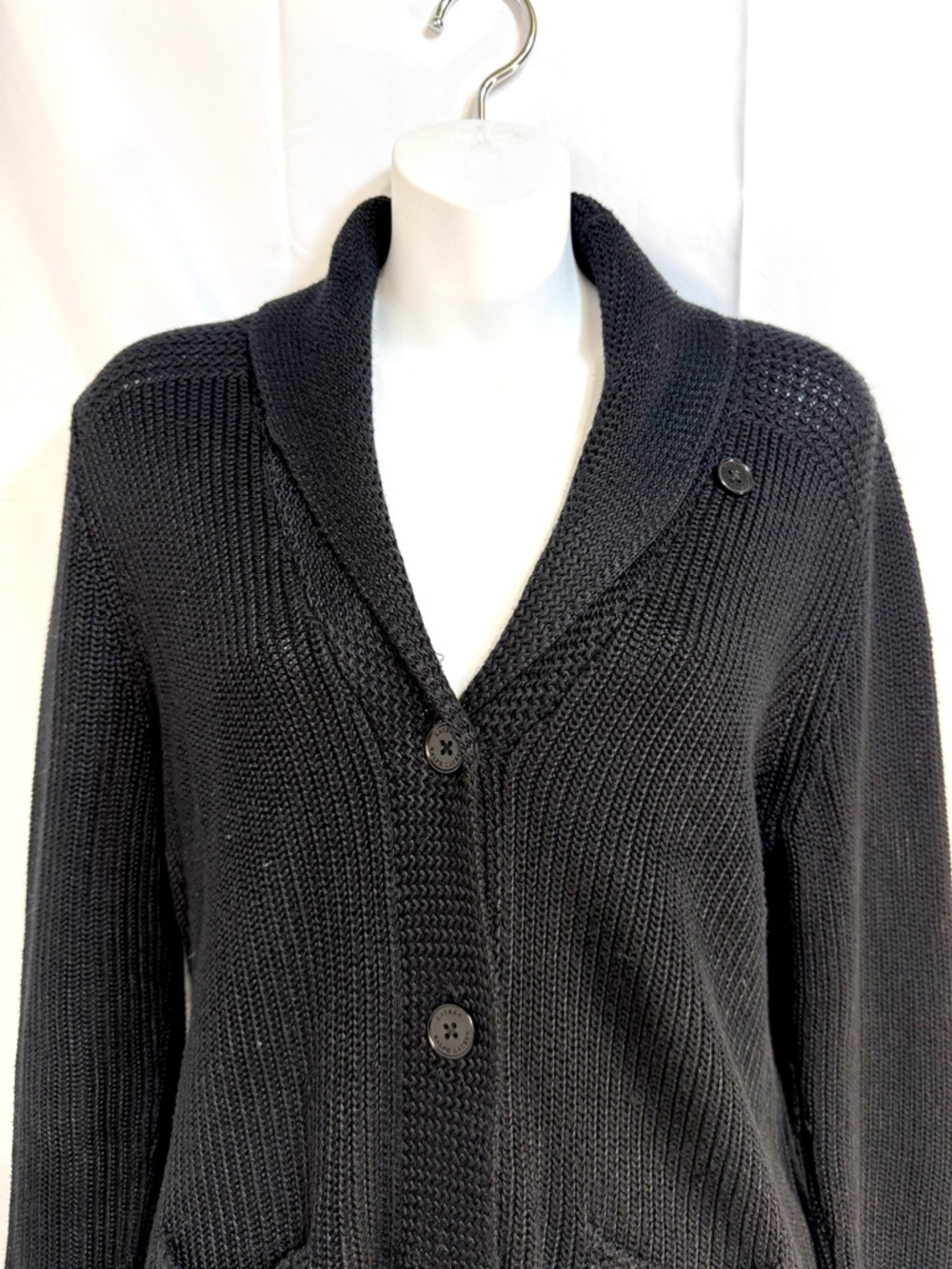 Lauren Ralph Lauren Black Knit Cardigan Sweater Womens M Shawl Collar - Picture 2 of 9